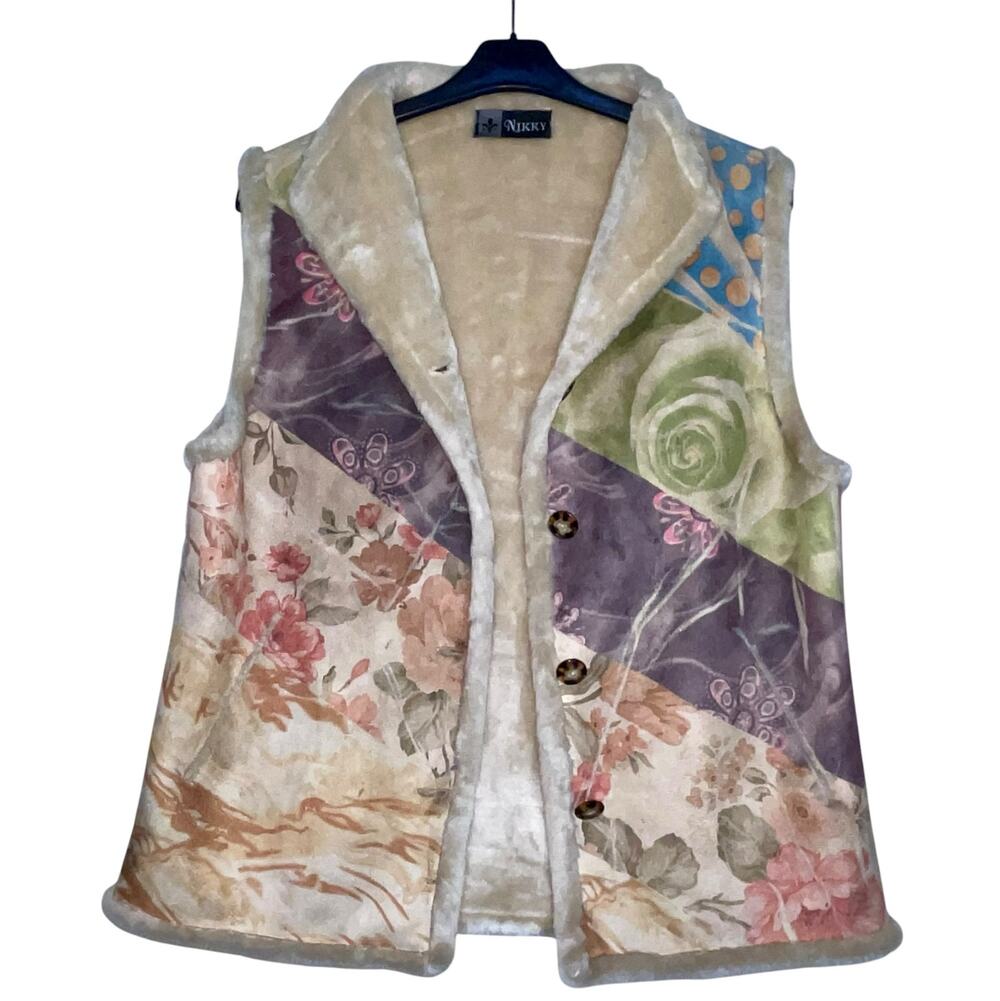 Vest Patchwork Faux Suede Floral Printed
